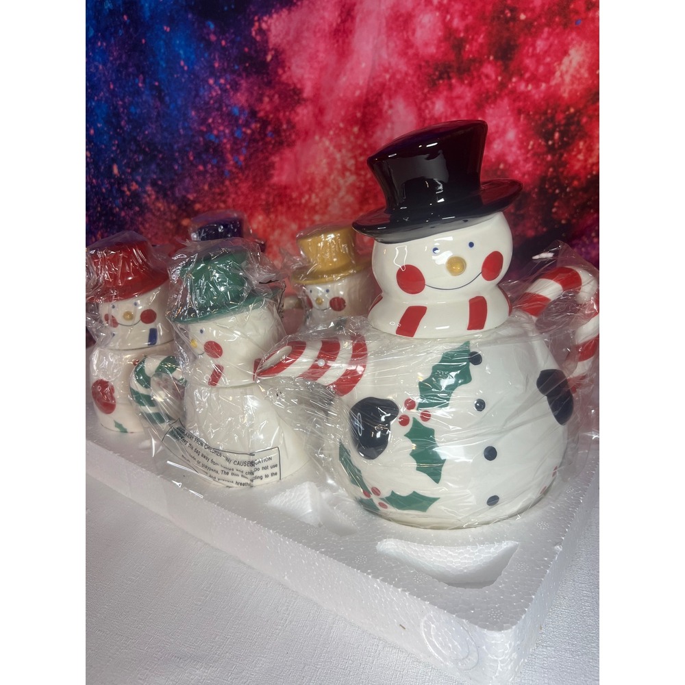Temp-tations Traditions 5 Piece Snowman Tea Set 48oz Teapot 4 12oz Mugs Ceramic